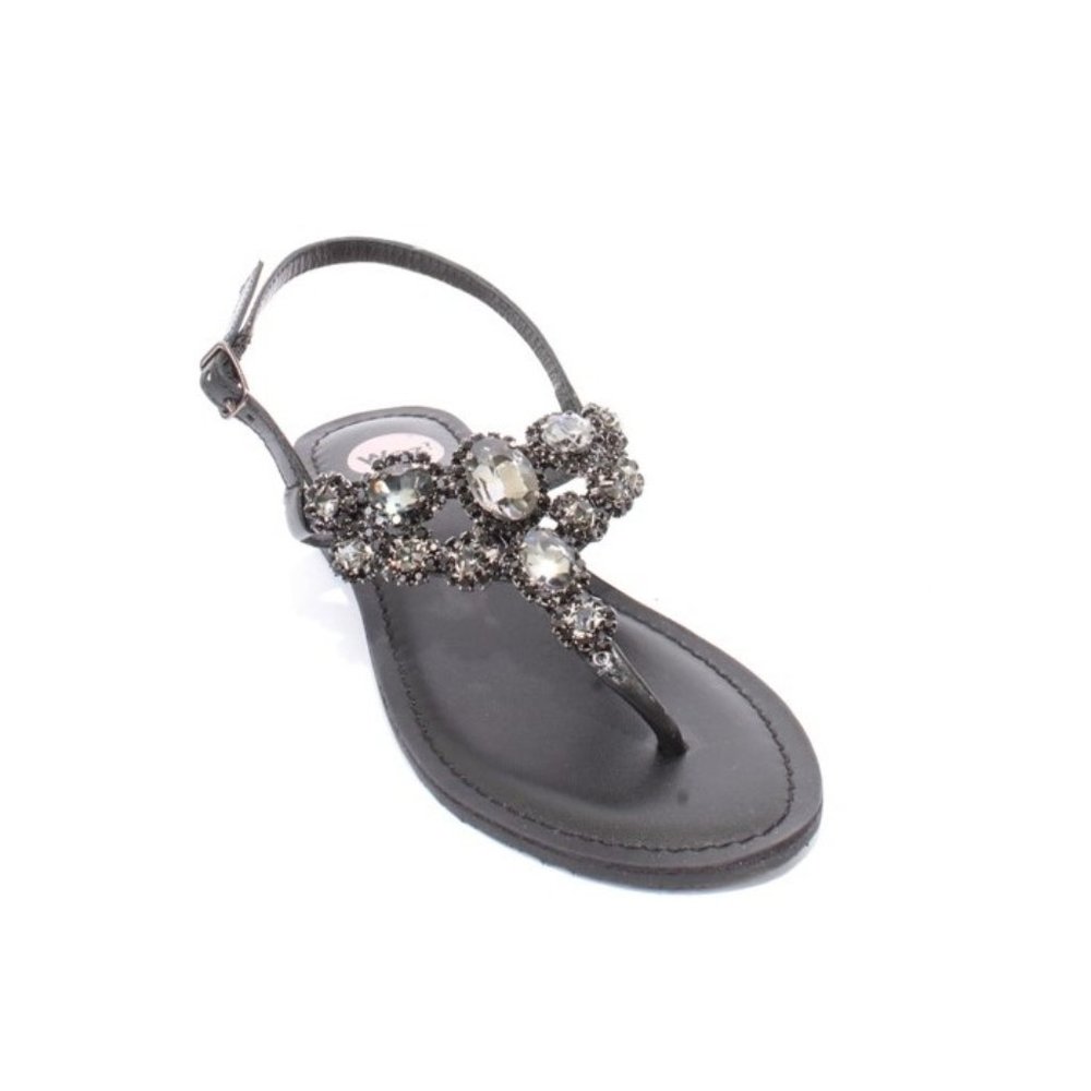 WOz 2029 Black Leather Light Crystal Embellished Flat Slides Sandals